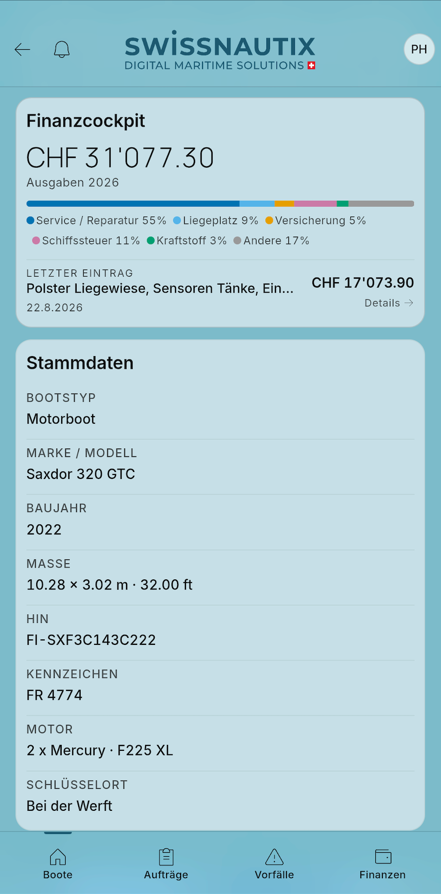 Digital Twin Dashboard mit Bootsdaten und verifizierter Service-Historie