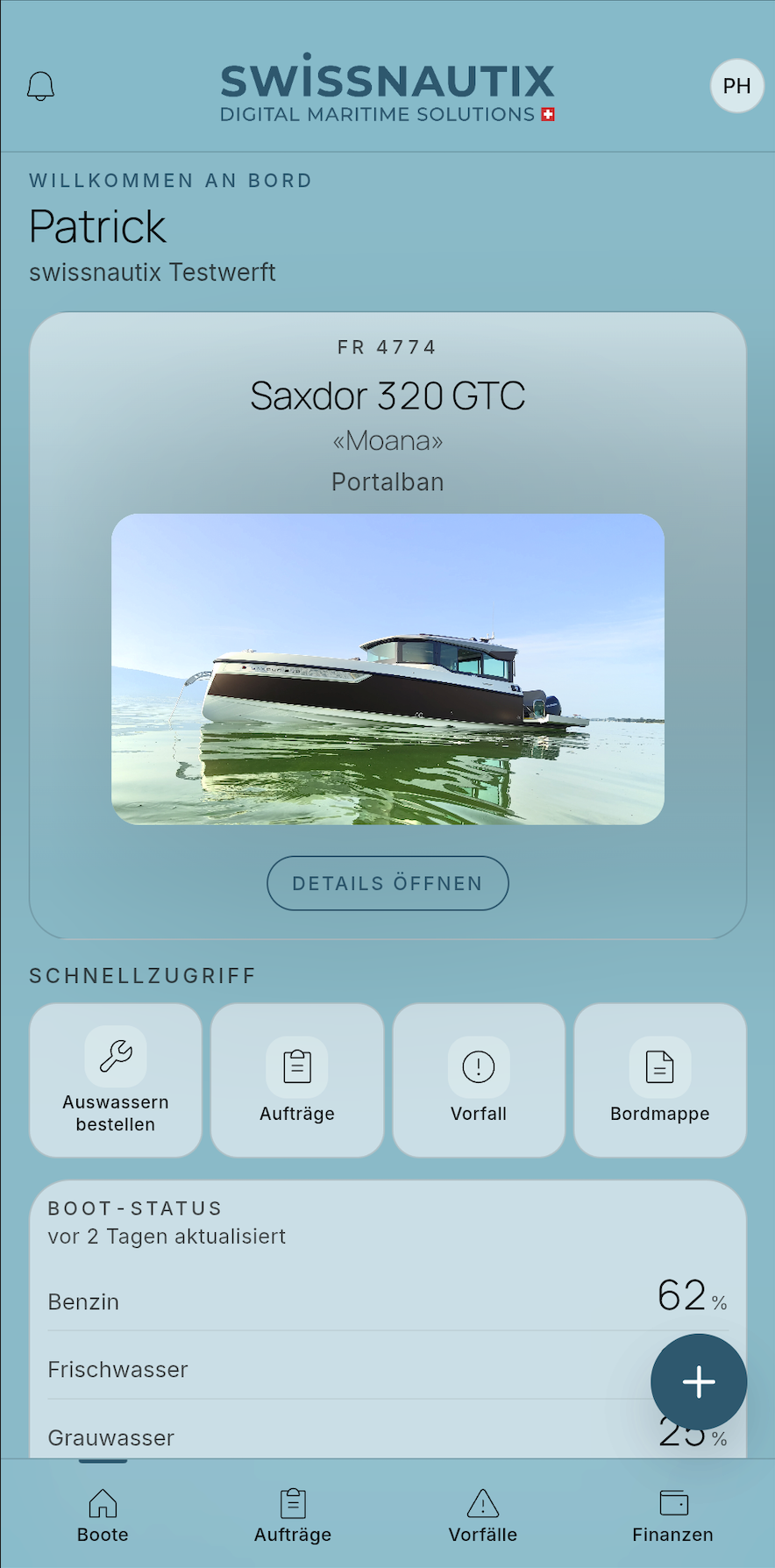 swissnautix App — Dashboard mit Boots-Status, nächstem Service und Kostenübersicht