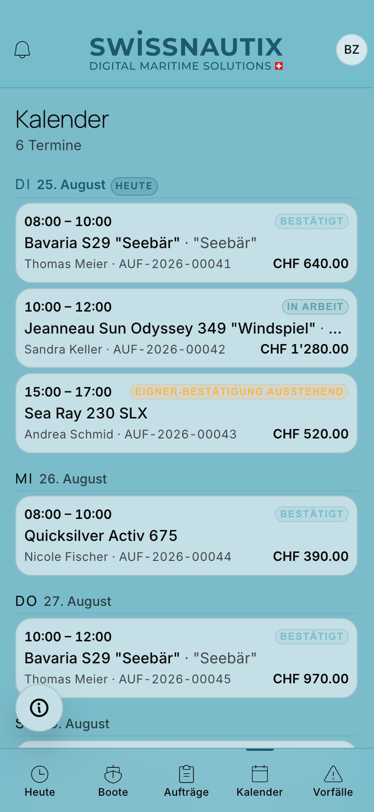 Smart Scheduling in der App: Kalender mit gebuchtem Einwasserungs-Slot und Echtzeit-Werftkapazität